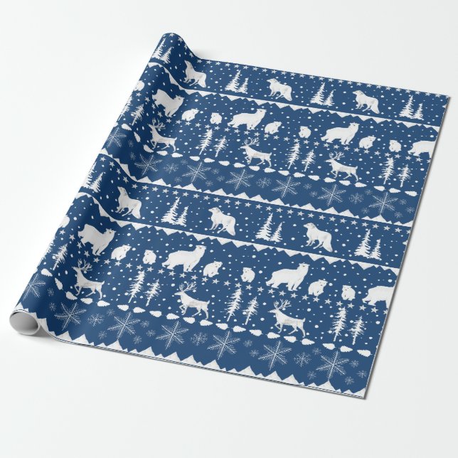 Nordic Sweater White Winter Animals Navy Blue Wrapping Paper (Unrolled)