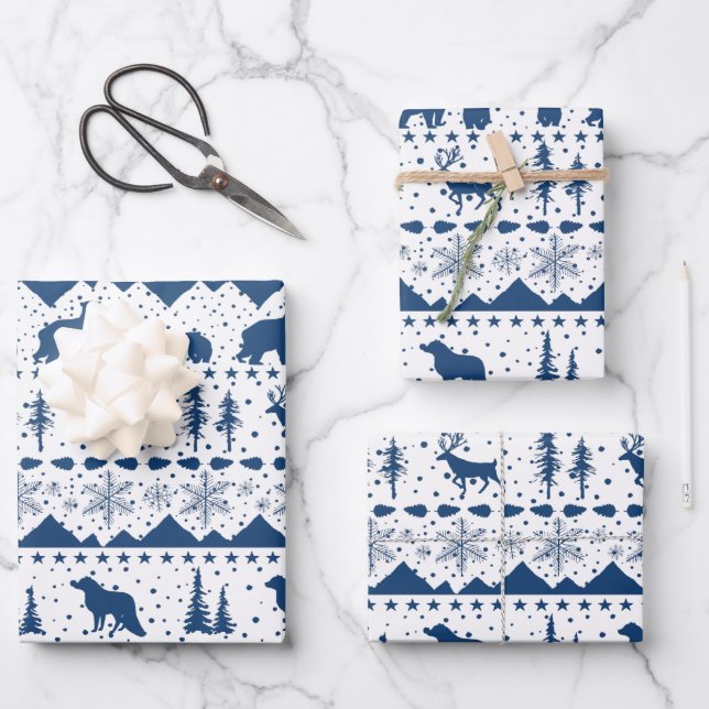 Nordic Sweater White Winter Animals Navy Blue Wrapping Paper Sheet (Front)