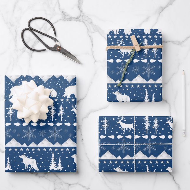 Nordic Sweater White Winter Animals Navy Blue Wrapping Paper Sheet (Front)