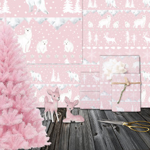 Nordic Sweater White Winter Animals Pretty Pink Wrapping Paper Sheet