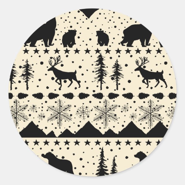 Nordic Sweater Winter Animals Black And Beige Classic Round Sticker (Front)