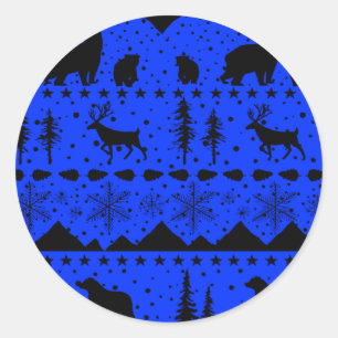 Nordic Sweater Winter Animals Black And Blue Classic Round Sticker