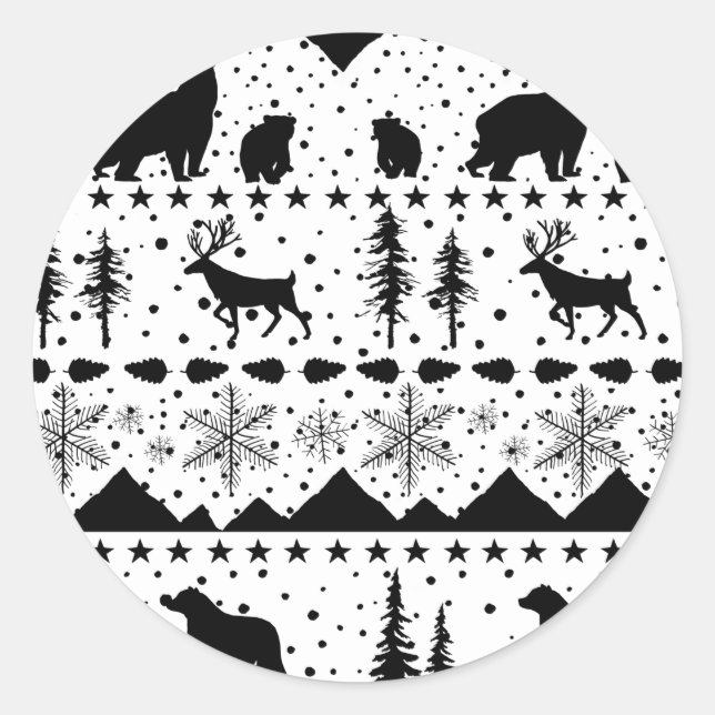 Nordic Sweater Winter Animals Black And White Classic Round Sticker (Front)