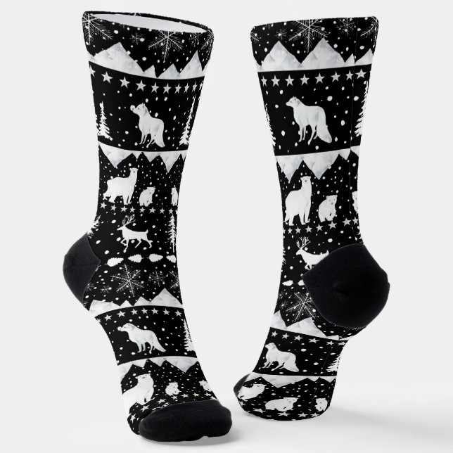 Nordic Sweater Winter Animals Black And White Socks (Angled)