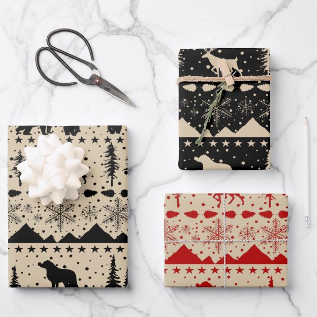 Nordic Sweater Winter Animals Black Beige & Red Wrapping Paper Sheet (Front)