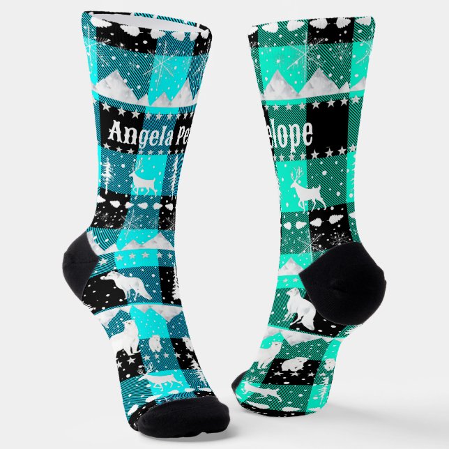 Nordic Sweater Winter Animals Blue Green Plaid Socks (Angled)