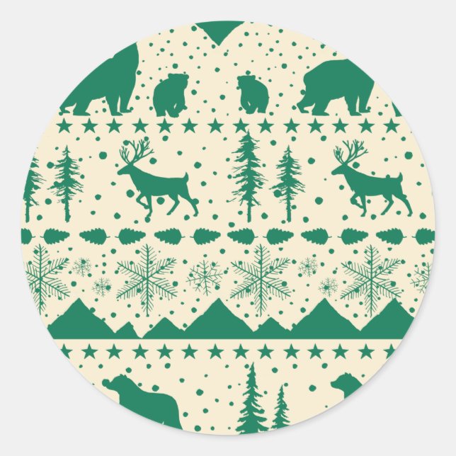 Nordic Sweater Winter Animals Forest Green Classic Classic Round Sticker (Front)