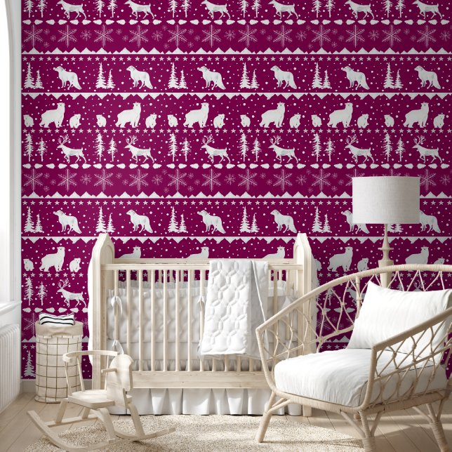 Nordic Sweater Winter Animals French Plum Red Wallpaper (Kids)