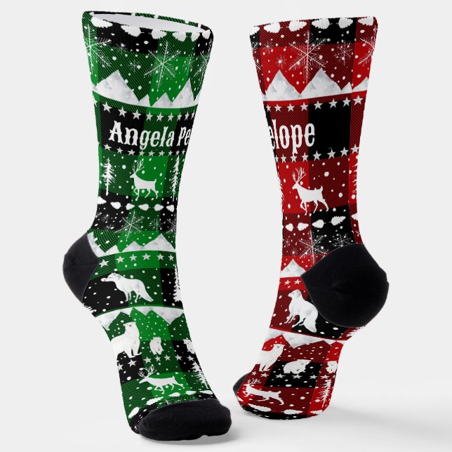 Nordic Sweater Winter Animals Green Red Plaid Socks (Angled)
