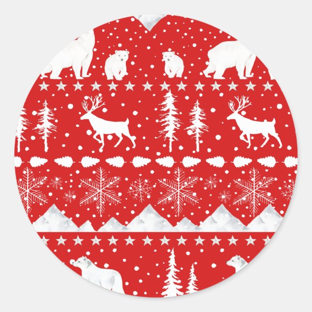 Nordic Sweater Winter Animals Holiday Red Classic Round Sticker (Front)