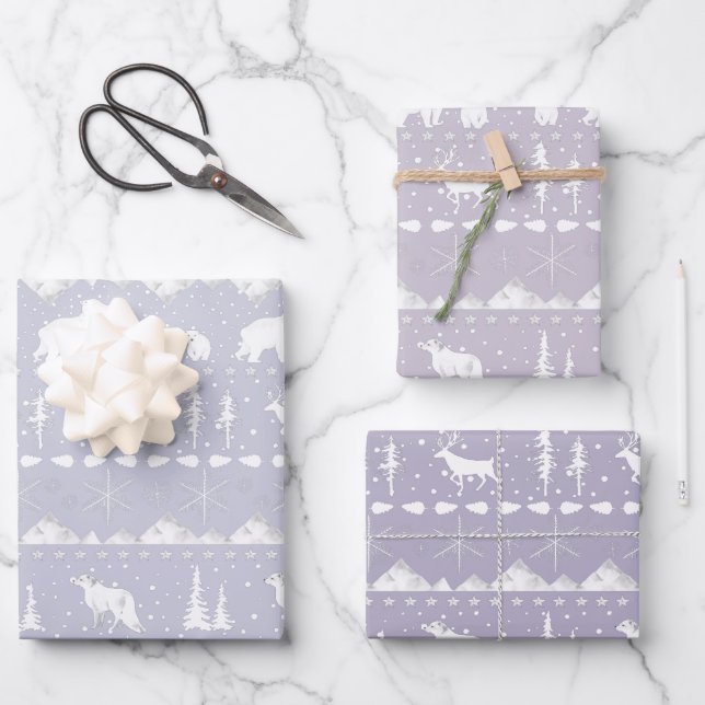Nordic Sweater Winter Animals Muted Purple Tones Wrapping Paper Sheet (Front)
