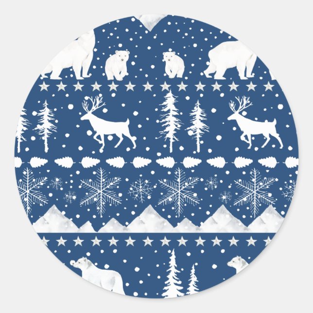 Nordic Sweater Winter Animals Navy Blue White Classic Round Sticker (Front)