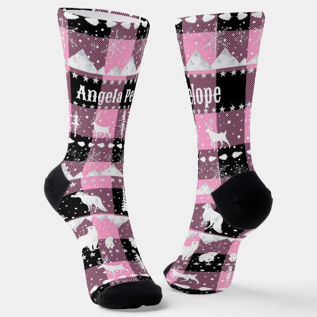 Nordic Sweater Winter Animals Pink Buffalo Plaid Socks (Angled)