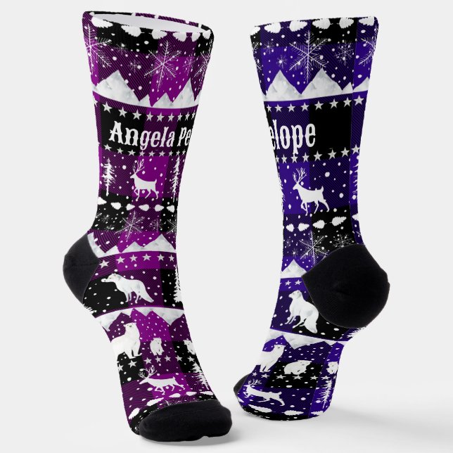 Nordic Sweater Winter Animals Purple Violet Plaid Socks (Angled)
