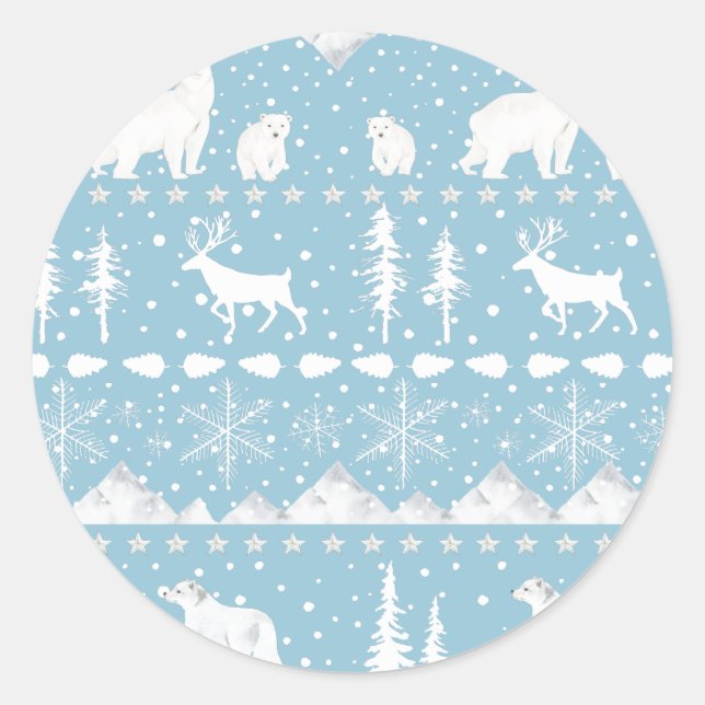 Nordic Sweater Winter Animals Sky Blue And White Classic Round Sticker (Front)