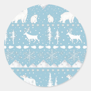Nordic Sweater Winter Animals Sky Blue And White Classic Round Sticker