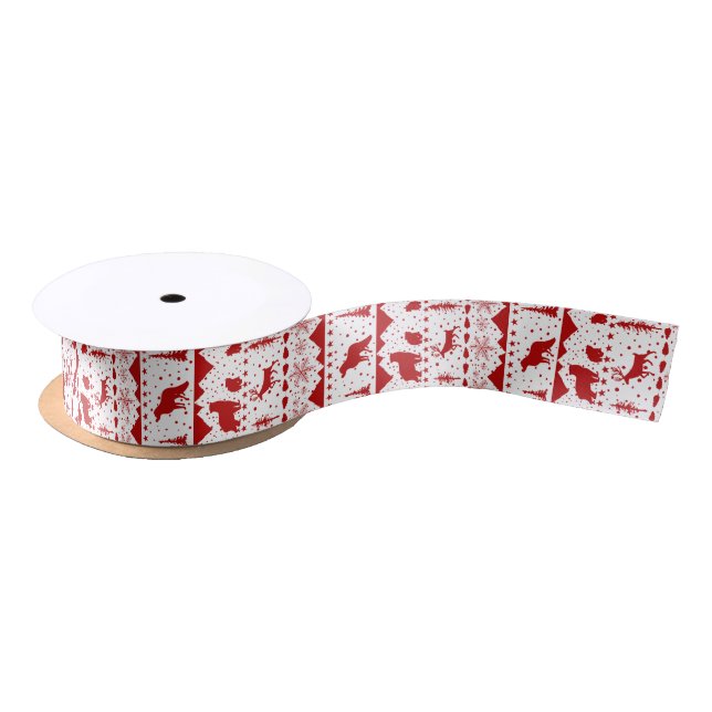 Nordic Sweater Winter Animals White & Holiday Red Satin Ribbon (Spool)