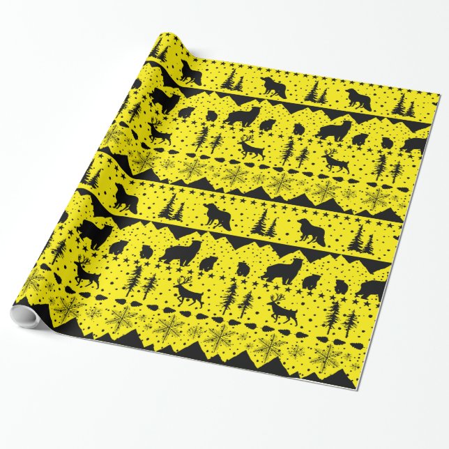 Nordic Sweater Yellow And Black Winter Animals Wrapping Paper (Unrolled)