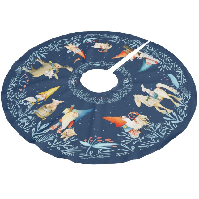 Nordic Tomte gnomes and animals Brushed Polyester Tree Skirt (Angled)