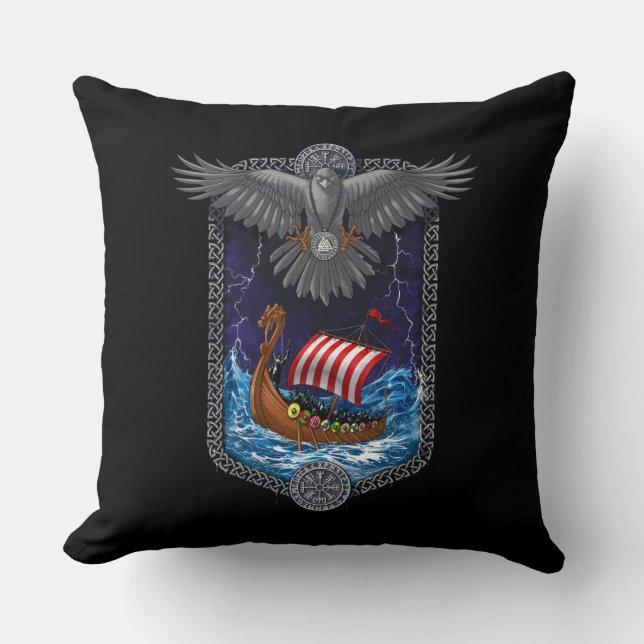 Nordic Viking Ship Raven Cushion (Front)