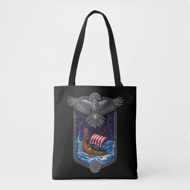 Nordic Viking Ship Raven Tote Bag (Front)