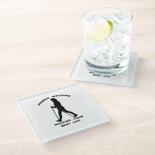 Nordic Walking - Walking Your Best Life Glass Coaster (Angled)