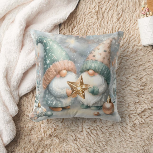 Nordic Whimsical Christmas Gnome Blue Gold Holiday Cushion (Blanket)