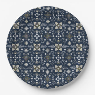 Nordic white and gold flowers on blue background  paper plate