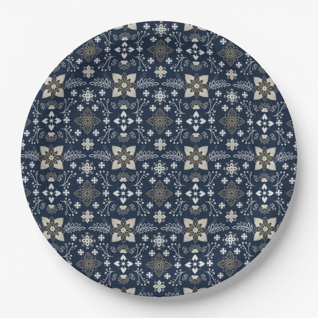 Nordic white and gold flowers on blue background  paper plate (Front)