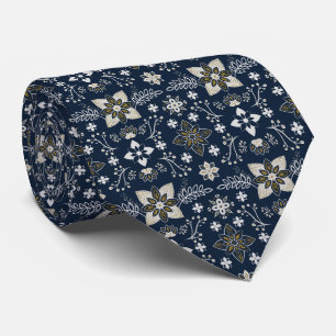 Nordic white and gold flowers on blue background  tie