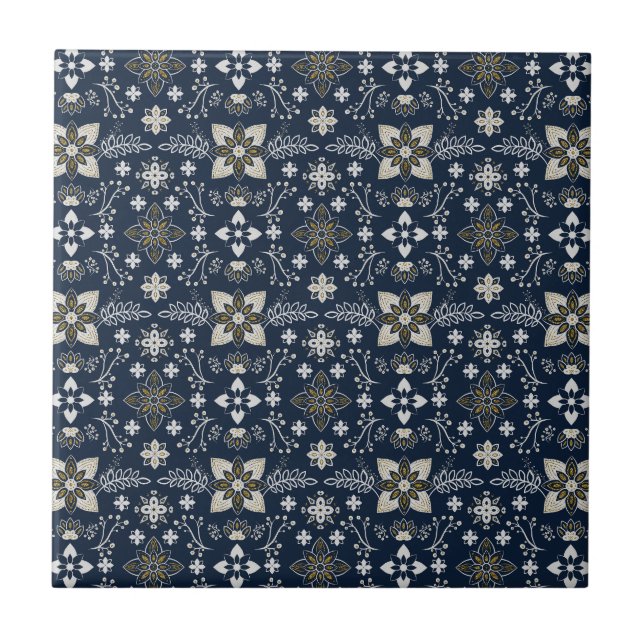 Nordic white and gold flowers on blue background  tile (Front)