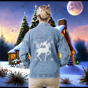 Nordic White Reindeer Winter Snowflakes Elegant Denim Jacket