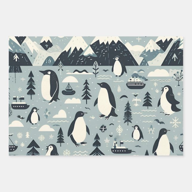 Nordic Winter  Reindeer Penguins Seals Abstract Wrapping Paper Sheet (Front)
