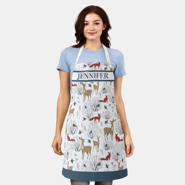 Nordic Winter Rustic Woodland Animal Holiday Name Apron (Worn)