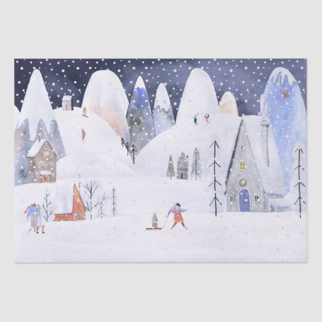 Nordic Winter Snowy Mountain Ski Village Night Sky Tissue Paper (Front)