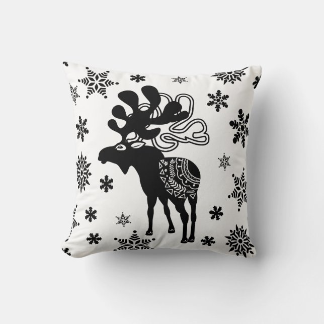 Nordic Winter Star Art and Snowflakes Cushion (Front)