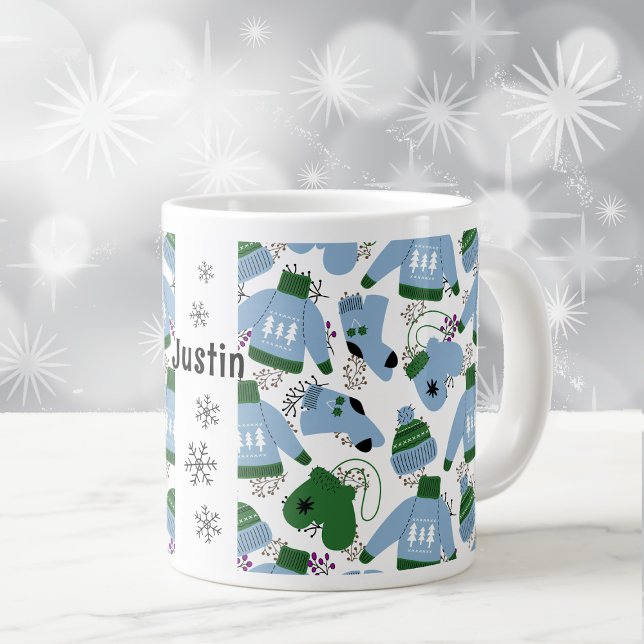 Nordic Winter Sweaters and Mittens Blue Large Coffee Mug (Creator Uploaded)