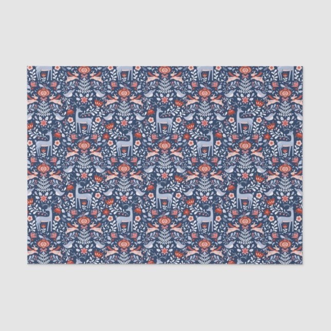 Nordic Woodland Animals Blue Pattern Tissue Paper (Front)