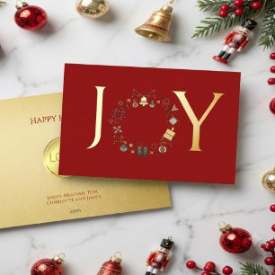 Nordic Wreath Peace Joy Love Red Christmas Gold Foil Holiday Card