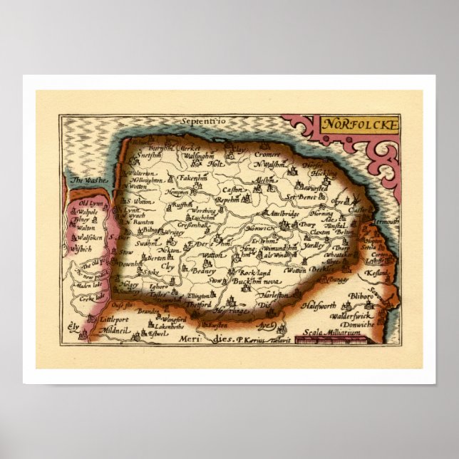 Norfolk "Norfolcke" County England Old Atlas Map Poster (Front)