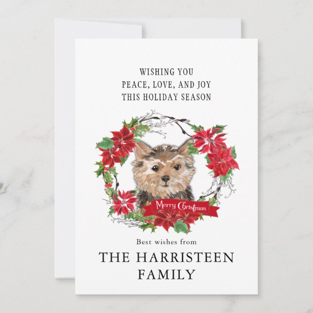 Norfolk Terrier Watercolor Poinsettia Christmas Holiday Card (Front)