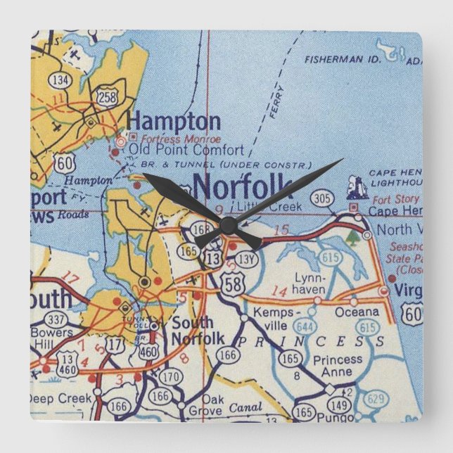 Norfolk Virginia Vintage Map Square Wall Clock (Front)