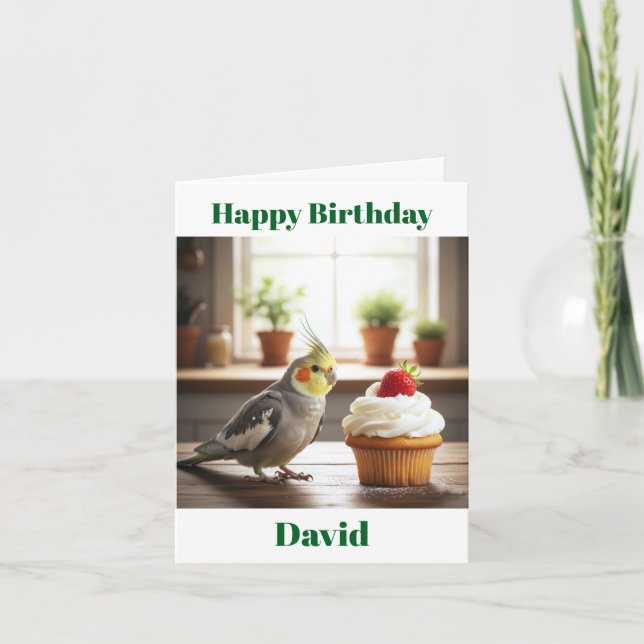 Normal Grey Cockatiel Strawberry Cupcake birthday Card (Front)