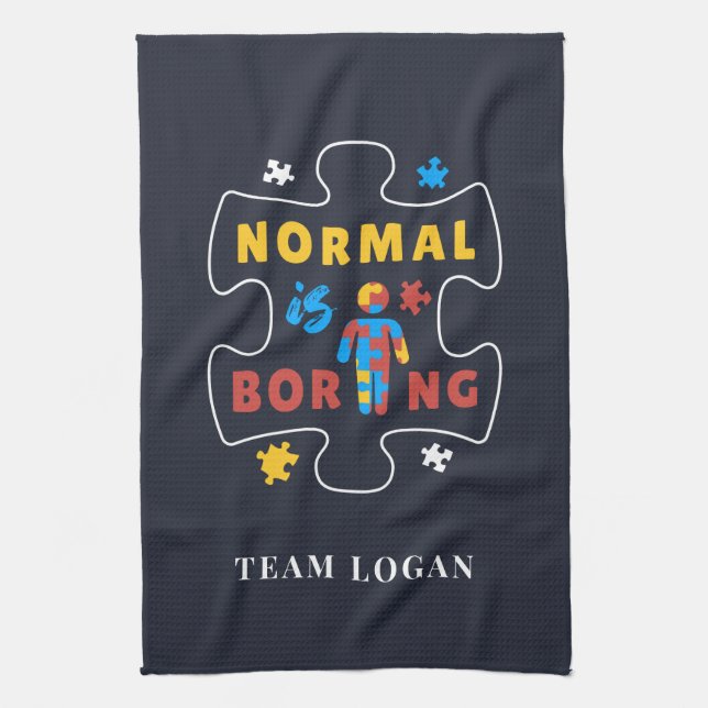 Normal is Boring Autism Awareness Puzzle Piece Tea Towel (Vertical)