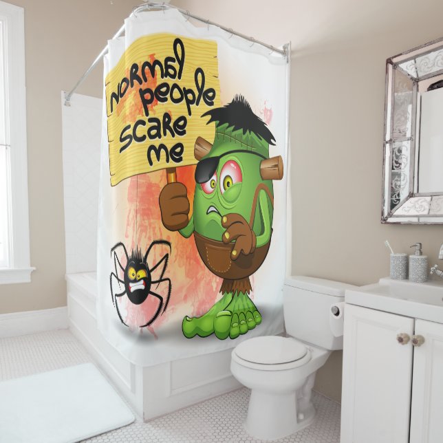 'Normal People Scare Me' Frankenstein Character Shower Curtain (In Situ)