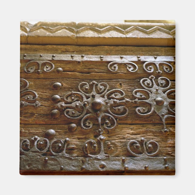 Norman iron scroll work on wooden door magnet (Front)