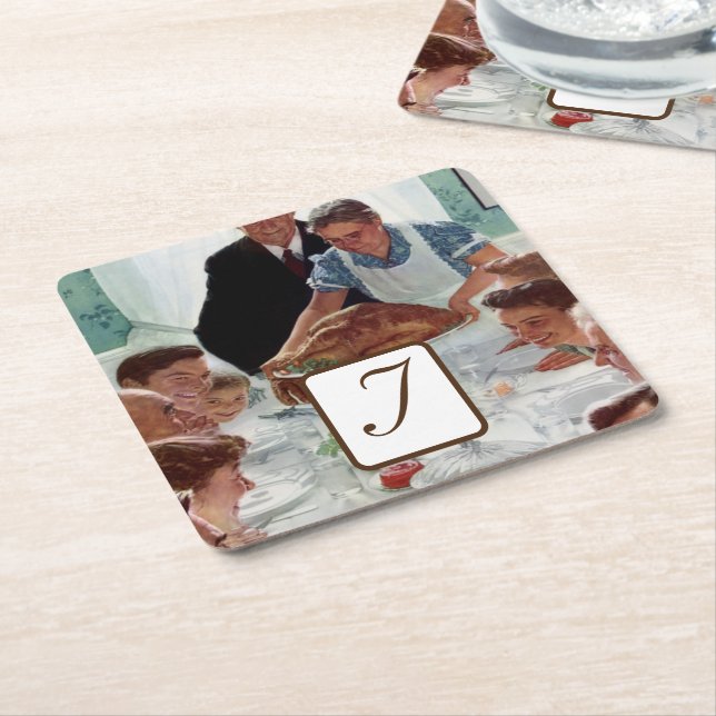 Norman Rockwell Monogrammed Thanksgiving Square Paper Coaster (Angled)