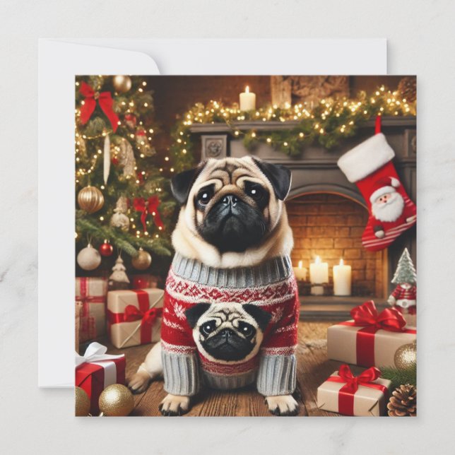 Norman T Pug Fireplace Holiday Card (Front)