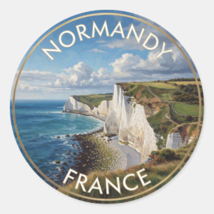 Normandy France White Cliffs Coastal travel Scene Classic Round Sticker