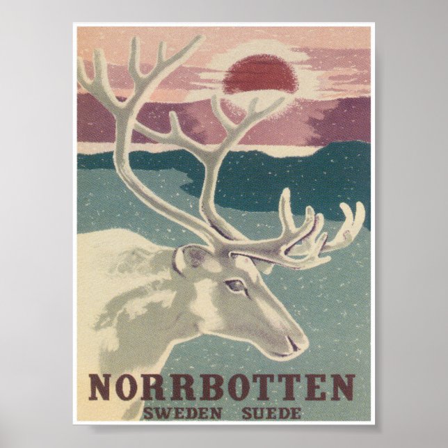Norrbotten Sweden, Deer, Vintage Travel Poster (Front)